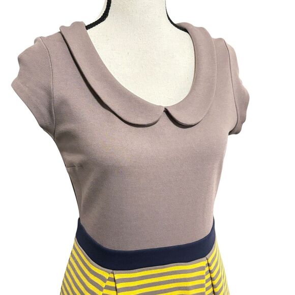 Boden Lila Dress Sz 6R Taupe Gray Yellow Striped Peter Pan Collar Mod - Picture 4 of 5